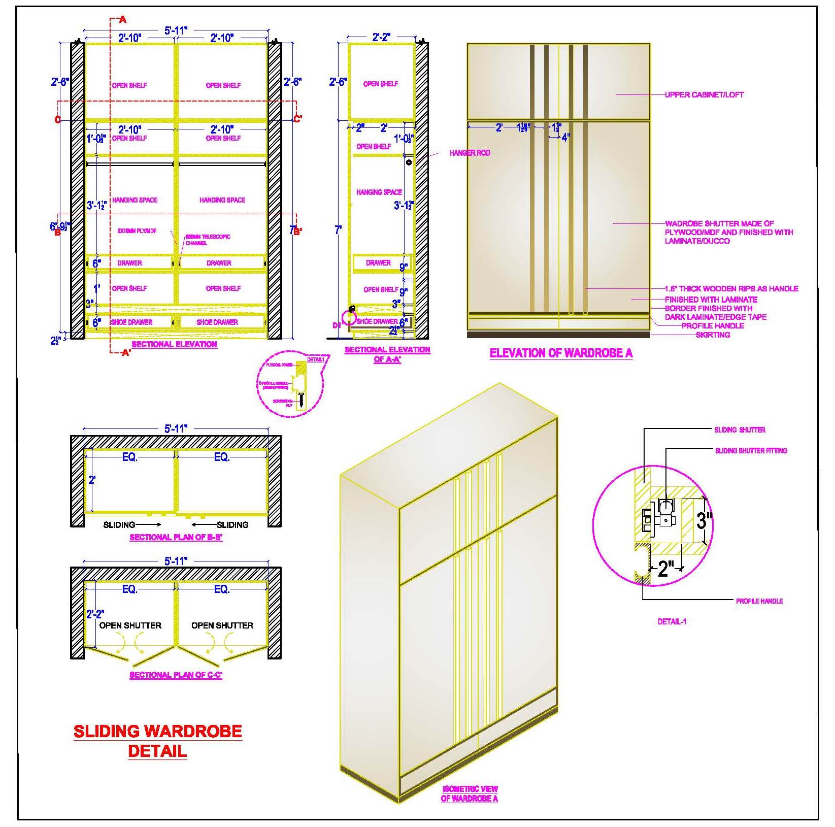 In-depth Sliding Wardrobe CAD Detail (6' Length)